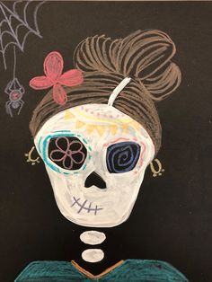 a chalk drawing of a woman with flowers in her hair