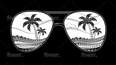 a pair of sunglasses with palm trees in the reflection on a black and white background