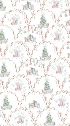 a white wallpaper with christmas trees and presents on it's side, in pink and green