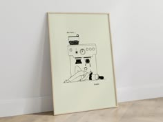 a drawing of a person laying on the floor in front of a wall with a stove