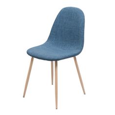 a blue chair with wooden legs on an isolated white background, the seat is upholstered