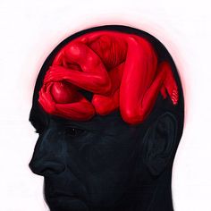 a drawing of a man's head with the brain highlighted in red and black