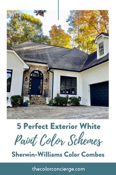 a white house with black shutters and the words 5 perfect exterior white paint color schemes she