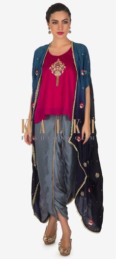 Buy Online from the link below. We ship worldwide (Free Shipping over US$100)  Click Anywhere to Tag Pink embroidered top matched with fancy pants and shaded jacket only on Kalki Pink top featuring in satin georgette.Its embellished in zardosi and resham embroidered butti.Matched with grey satin pants and jacket in shaded blue with butti and gold lace. Dhoti Kurti, Dhoti Dress, Dhoti Saree, Sangeet Outfit, Kalki Fashion, Desi Wear, Satin Pants, Couture Week, Suit Style