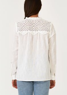 An ultra-pretty bohemian blouse with long sleeves and a sheer eyelet lace yoke detail. Cotton eyelet lace yoke Relaxed fit Long sleeve Button cuff closure Ruffled round neckline Self-covered button front Bohemian spring blouse A sheer eyelet lace yoke detail adds a feminine touch to this timeless bohemian blouse. With long sleeves, a self-covered button front, and a ruffle-trimmed round neckline. Perfect for the office or the weekend, this versatile style pairs well with denim. Model is 5'9, wea Long Sleeve Cotton Crochet Top, Long Sleeve Broderie Anglaise Blouse For Fall, Casual Long Sleeve Blouse With Lace Sleeves, Casual Blouse With Long Lace Sleeves, Broderie Anglaise Long Sleeve Blouse For Fall, Casual Long Sleeve Lace Top With Lace Collar, Spring Eyelet Blouse With Long Sleeves, Casual Blouse With Lace Long Sleeves, Long Sleeve Lace Top For Daywear