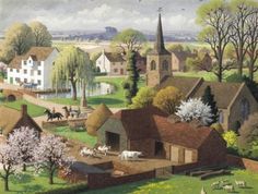 a painting of a village with horses and sheep