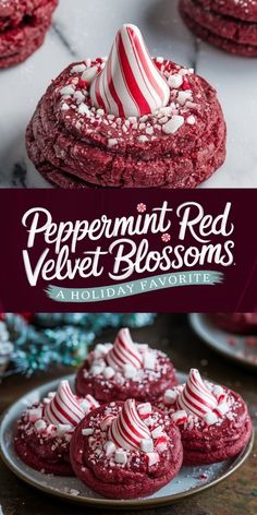 peppermint red velvet blossoms cookies with white and red candy canes on top