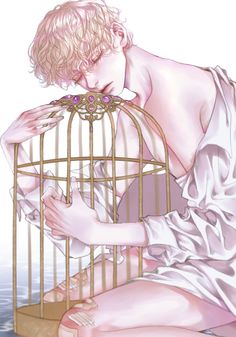 a drawing of a woman holding onto a bird in a cage