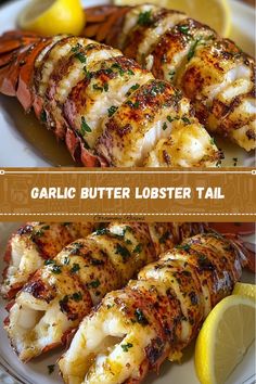 grilled lobsters on a plate with lemon wedges