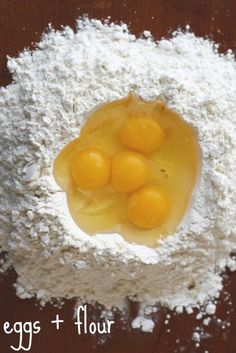 eggs and flour in a bowl on top of a wooden table with text overlay