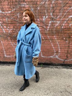 "This coat is handmade from a preowned mid-century wool blanket which deserved a second life. It has signs of use, no stains.  The coat has a classic double notched lapel, drop shoulders, long and straight. It closes with a belt. It has smiley welt patch pockets and no lining. The sleeve cuffs are cinched with kilt pins. The material is 100% wool, the blanket is thick and fuzzy. Width (pit 2 pit with 4\" overlap): 48\" Back length (nape 2 hem): 44\" Sleeve (nape 2 cuff): 31\" Belt length: 72\" Model measurements: bust 35\", waist 28.5\", hip 36\", 5'8 Dry clean/spot clean. One of a kind. any further questions please don't hesitate to contact me!" Wool Blanket Coat, Blue Wool Coat, Wardrobe Revamp, Kilt Pins, Blanket Coat, Belt Length, Fashion Baby, Blue Check, Blue Wool