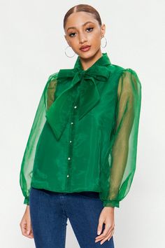 Classy Alison Green Sheer Top Bow Tie Blouse Outfit, Green Sheer Top, Classy Blouses, White Slacks, Bow Tie Blouse, Jeans With Heels, Sheer Fashion, Silk Shorts, Woven Top