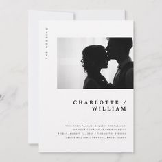 a couple kissing each other in front of a white card with the words, charlotte and william