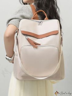 BirdinBag - Colorblock Tassel Decor Medium Classic Backpack with Front Pocket for Daily Use Beige Rectangular Backpack With Large Capacity, Large Capacity Beige Rectangular Backpack, Beige Large Capacity Rectangular Backpack, Beige Portable Rectangular Backpack, Beige Rectangular Backpack, Portable Rectangular Beige Backpack, Beige Rectangular Backpack With Zipper Closure, Versatile Rectangular Backpack For Errands, Rectangular Large Capacity Backpack For Errands