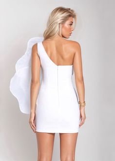 This One Shoulder Big Flower Detail Mini Dress is an effortless way to make a statement. Crafted from lightweight fabric, this mini dress features a single shoulder strap along with big flower detail in the front for an eye-catching look. Perfect for special events, this mini dress is available in white. Fit Type: Regular Fit Fabric: Non-Stretch Material: 100% Polyester Care Instructions: Hand wash, do not dry-clean White One-shoulder Evening Mini Dress, White One-shoulder Midi Dress For Evening, Summer Wedding Mini Dress With Asymmetrical Neckline, White One Shoulder Mini Dress For Cocktail, White One-shoulder Mini Dress For Party, White One-shoulder Mini Dress For Night Out, White One Shoulder Mini Dress For Night Out, White One Shoulder Dress With Asymmetrical Neckline For Evening, White One-shoulder Evening Dress With Asymmetrical Neckline