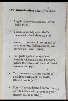 a piece of paper that has been placed on a table with the words, one minute after a belever dies