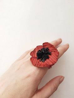 Statement Poppy Flower Ring Funky Leather Accessory Spring | Etsy Red Leather Jewelry For Gift, Red Leather Jewelry For Gifts, Junk Kouture, Poppy Ring, Bold Boho, Funky Rings, Huge Rings, Leather Accessory, Jewelry Summer