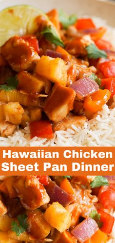 hawaiian chicken sheet pan dinner on top of rice and garnished with cilantro