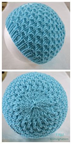 two pictures of a blue knitted hat