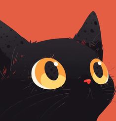 a black cat's face with orange and yellow eyes, on an orange background