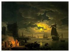 an oil painting of people around a campfire on the water with ships in the background