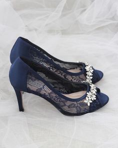 NAVY New Lace Peep Toe Heel with Rhinestone Embellishment – Kailee P. Inc. Block Heels Aesthetic, Yule Ball Shoes, Heels Dark Blue, Heels For Wedding, Aesthetic Navy, Flapper Shoes, Royal Blue Heels, Champagne Heels, Shoes For Brides