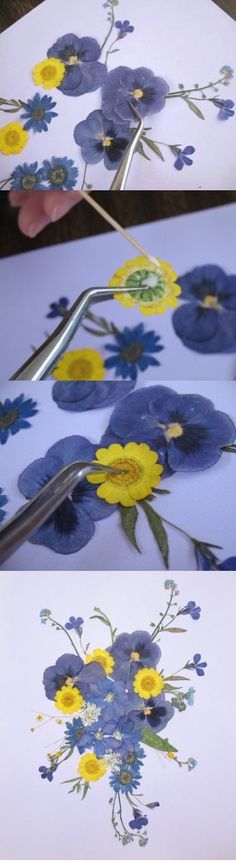 the process of painting blue and yellow flowers