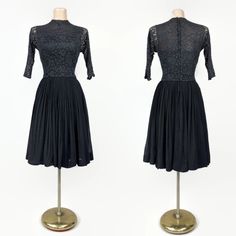 This Is A Truly Beautiful Vintage Late 1950's Party Dress. It Is Made Of Several Layers. The Bodice Has Sheer Black Lace Over A Sheer Black Mesh Layer, As Well As A Black Taffeta Sweetheart Cut Layer. The Taffeta Underlayer Gives The Sheer Lace Bodice A Subtle Sweetheart Illusion Neckline. The Sweep Has A Full Black Taffeta Underlayer With A Sheer Black Chiffon Overlay. The Bodice Is Fitted With A High Neckline, 1/2 Length Sleeves And A Metal "Lucky" Brand Back Zipper, The Waist Is Fitted And Goes Into A Full, Fluffy Sweep. It Is Such A Classic, Head Turning Vintage Piece! No Labeled Size- There Is Light Give To The Lace Bodice, Please Use The Measurements For An Accurate Fit. Measu 1950s Party Dresses, Black Lotus, Lace Layers, Chiffon Overlay, Illusion Dress, Illusion Neckline, Black Chiffon, 1950s Dress, Lace Bodice