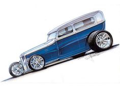 a drawing of an old car with chrome rims