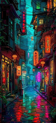 an image of a city street at night with neon lights and lanterns on the buildings