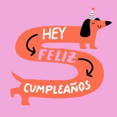 a dog with a party hat on its head and the words hey feliz cumpleanos