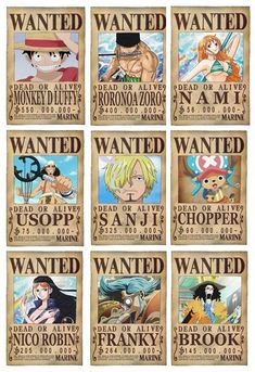 the seven avatars from one piece of anime are featured in this poster, which reads wanted