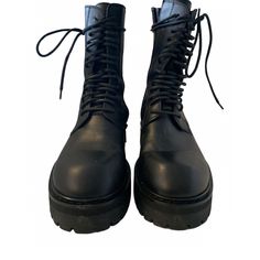 Never Worn. Excellent Condition. Black Formal Lace-up Boots With Lug Sole, Elegant Black Boots With Vibram Sole, Formal Leather Platform Lace-up Boots, Black Combat Boots With Lug Sole For Formal Occasions, Formal Leather Lace-up Platform Boots, Black Calf Leather Lace-up Boots For Fall, Black Leather Combat Boots, Leather Combat Boots, Ann Demeulemeester