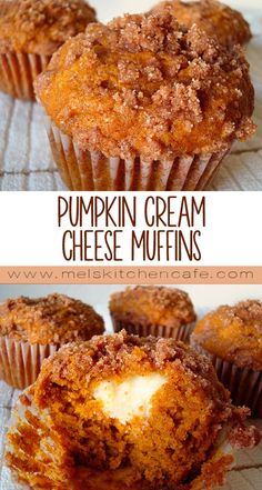 pumpkin cream cheese muffins are cut in half and stacked on top of each other