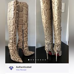 Cesare Paciotti - Pitone Roccia Beige Snake Boots (Cpw3001) Color: Beige / Size: 39.0 Eu/9.0 Us These Are Real Python Skin Leather Boots. Not A Print. (Like The Louboutin’s Similar Design) Large Solid Pieces Of Snake Skin. Absolutely Stunning Boots!! The Circumference At The Top Is 15 Inches, So If Your Leg Is Thicker That 15 Inches Above The Knee They Won’t Fit ! See Pics For Measurements. 24 Inches From Top To Bottom Of Heel 5” Heel They Come With Original Box And Paper Wrappings, 2 Dust Bags Luxury Beige Calf Leather Boots, Designer Beige Boots For Evening, Designer Fitted Beige Boots, Luxury Fitted Beige Boots, Designer Beige Boots For Formal Occasions, Designer Beige Formal Boots, Designer Beige High Heel Boots, Luxury Beige Boots For Formal Occasions, Luxury Beige Formal Boots