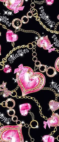 a black background with pink hearts and chains