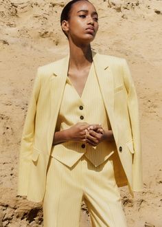 Women's Yellow Pinstripe Three-Piece Slim Crop Pant Suit | ME+EM Tailored Suit Women, Lemon Backdrop, Tailored Vest, Workwear Shorts, Yellow Suit, Pinstripe Blazer, Yellow Blazer, Pinstripe Pants, Straight Crop Jeans