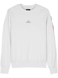 cloud white cotton blend jersey texture ribbed panelling ribbed trim logo print to the front logo patch at the sleeve detachable logo pendant crew neck long sleeves straight hem French terry lining Long Sleeve Sweater With Logo For Streetwear, Sporty Crew Sweater With Logo Detail, Modern Crew Neck Tops With Ribbed Cuffs, Modern Sweater With Ribbed Cuffs For Streetwear, Modern Crew Neck Sweatshirt With Logo Print, Sporty Cotton Sweater With Logo Detail, Modern Crew Neck Sweatshirt With Ribbed Cuffs, Classic White Sweater With Embroidered Logo, Relaxed Fit Long Sleeve Sweater With Logo Detail