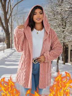 Style:Casual \nNeckline:Hooded \nDetails:Pocket \nType:Teddy \nSleeve Type:Drop Shoulder \nColor:Pink \nPattern Type:Plain \nSleeve Length:Long Sleeve \nLength:Regular \nFit Type:Regular Fit \nFabric:Non-Stretch \nMaterial:Tweed \nComposition:100% Polyester \nCare Instructions:Machine wash or professional dry clean \nTemperature:Winter (<10℃/50℉) \nPockets:Yes \nSheer:No \nBody:Unlined \n Pink Winter Clothes, Peach Jacket, Plus Size Autumn, Autumn Jacket Women, Pink Winter, Jacket With Pockets, Plus Size Coats, Warm Jacket, Winter Clothes