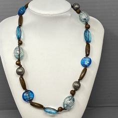 Beaded Necklace Blue Glass Fused Foil Acrylic Crackle Faceted Wood Metal 21" Beaded Necklace Blue, Antique Jewelry Necklace, Necklace Blue, Wood Metal, Vintage Watches, Wood And Metal, Blue Glass, Antique Jewelry, Vintage Antiques