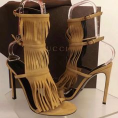 Excellent Condition, Worn Once! Gb1073856 - Cp Gucci Suede Fringe Trim Accent Gladiator Sandals - Tan Size 37 (Us Size 7) Gucci Suede Gladiator Sandals Brown Fringe Trim Accent Stiletto Heels Multistrap & Buckle Closure At Upper Gucci High Heels For Galas, Brown Fringe, Fringe Heels, Shoes Gucci, Sandals Brown, Suede Fringe, Brown Sandals, Fringe Trim, Fall Fashion Outfits