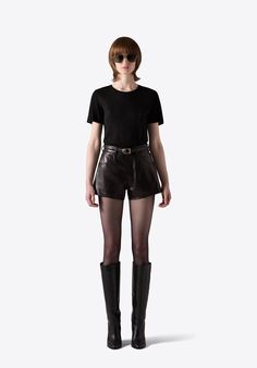 High waist five pocket leather shorts. Metallic Shorts, Black High Waist, Leather Shorts, Black Metallic, High Waist, High Waisted, Crew Neck, Leather, T Shirt