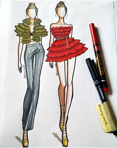 a drawing of two women in red dresses and one is wearing a green jacket with ruffles on it