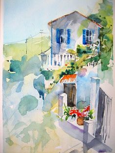 a watercolor painting of a house with blue shutters and red flowers on the window sill