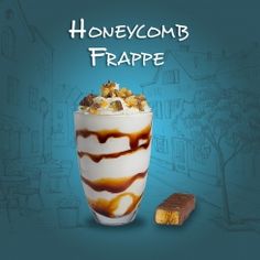 an advertisement for a milkshake with caramel and chocolate toppings on it