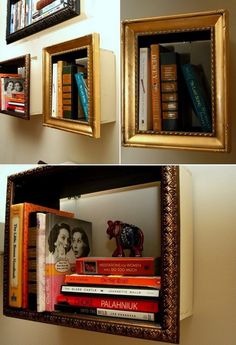 two pictures of books on the wall and one with an open book case in it