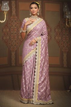 Light purple floral chanderi saree, embellished with intricate gota, dori and badla work and lemon yellow border. Comes with silk chanderi padded blouse with scalloped neckline. - Aza Fashions Badla Work, Chanderi Sarees, Yellow Border, Chanderi Saree, Purple Saree, Scalloped Neckline, Padded Blouse, Blouse For Women, Lemon Yellow