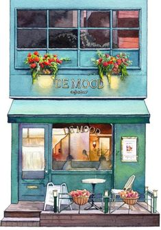 a watercolor painting of a store front with flowers on the windows and tables outside