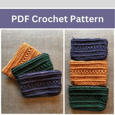 four crochet patterns are shown in different colors