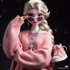 a barbie doll wearing pink sweater and sunglasses holding up her hand to her face with stars in the background